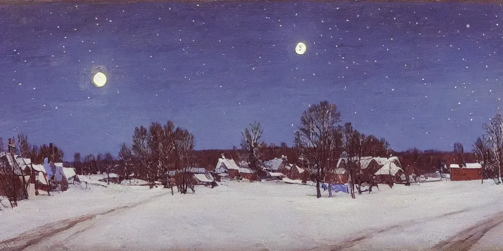 Image similar to a scene of a small rural russian village at night, stars, moon, wintertime, painting by isaac levitan