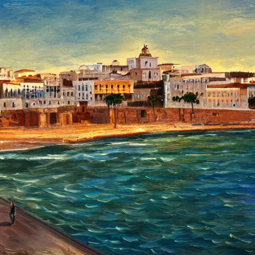 Prompt: a realistic paint of cadiz, spain, with the sea, port and city