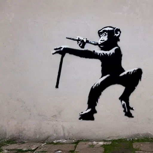 Image similar to banksy art monkey with sword, wall with city street background