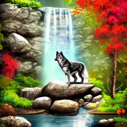 Prompt: Wolf sitting on rock in forest landscape with waterfall over pond, whimsical digital painting in the style of jacqueline wall