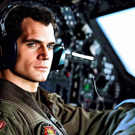 Prompt: Henry Cavill as pilot in Top Gun, FA-18 hornet, cockpit, promo shoot, studio lighting