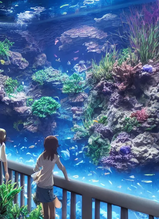 Prompt: fantastic space. aquarium underwater corridor. people observing lots of clear fish. water droplets, highly detailed, artstation trend, highly detailed and intricate, studio ghibli, makoto shinkai, no blur, photography, unreal engine 5