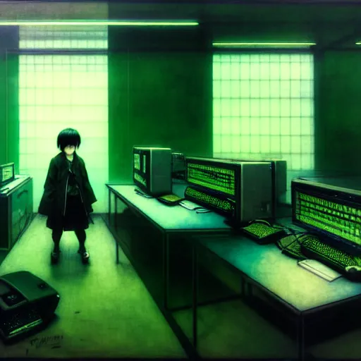 Image similar to portrait of lain iwakura, background room full of cables and computers by yoshitoshi abe, ruan jia and joao ruas, atmospheric, green and blue tones