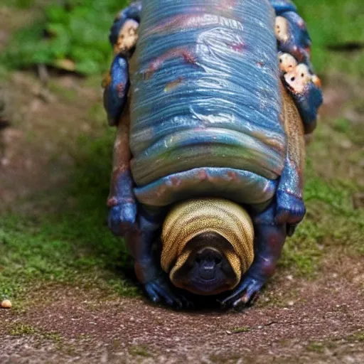 Image similar to a photo of a living dog - sized tardigrade with translucent skin walking in a park. the tardigrade evolved to be this large.