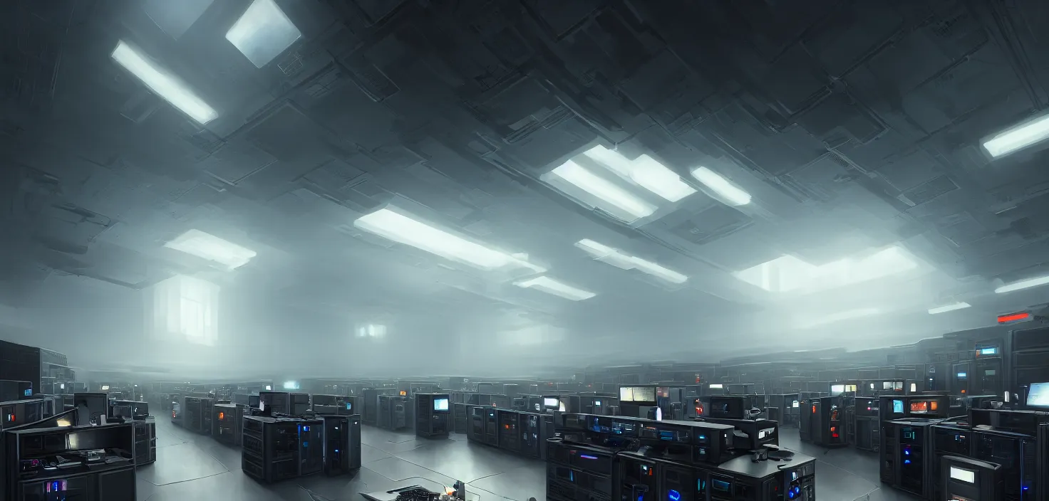 Image similar to computers, wired in, in a highly detailed server room with computers everywhere, cinematic view, epic sky, detailed, concept art, low angle, high detail, warm lighting, volumetric, godrays, vivid, beautiful, trending on artstation, by jordan grimmer, huge scene, art greg rutkowski