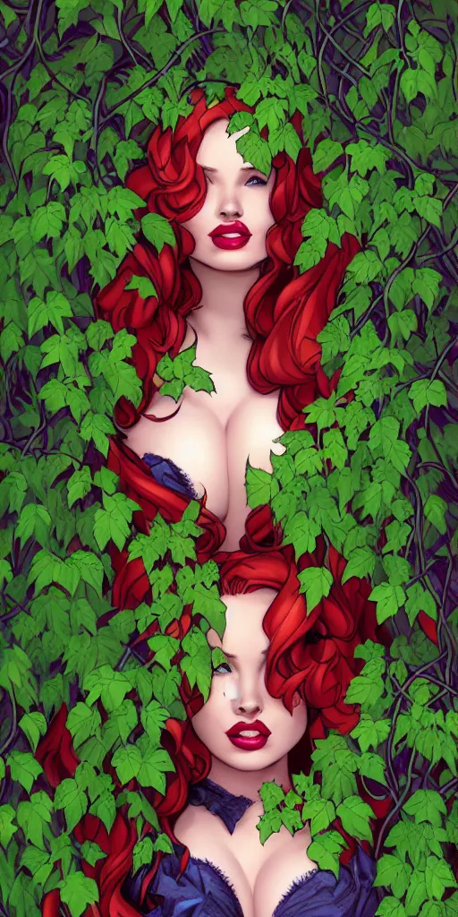 Prompt: beautiful obese Madelaine Petsch poison ivy DC comics, evil smile, realistic character concept, fun pose, comic book, illustration, symmetrical face and body, surrounded by vines and plants, artstation, cinematic lighting, hyperdetailed, high resolution, Charlie Bowater, Tom Bagshaw, single face, insanely detailed and intricate, beautiful