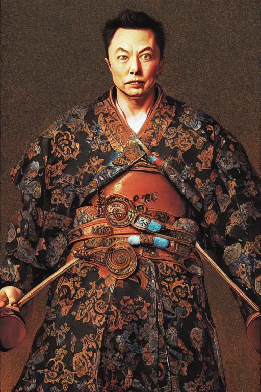 Image similar to Baroque painting of a Elon Musk as a samurai, inspired by Gustav Moreau and Wayne Barlowe, exquisite detail, hyper realism, ornate, exquisite detail, cute face