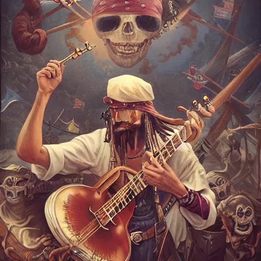 Prompt: ultra realist soft painting of pirate folk musicians playing music, pirate ship, pirates watching, symmetry accurate features, very intricate details, focus, artstyle Hiraku Tanaka and Tom Bagshaw, award winning