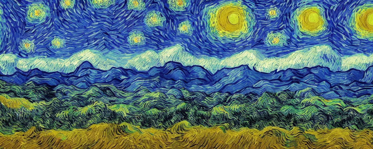 Prompt: landscape, mountain range in foreground, sky, style of Van Gogh starry night, atmospheric, cinematic, digital art, small man in center standing on mountain, mist in valleys