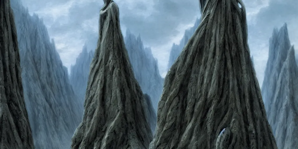 Image similar to Argonath statues at the River Anduin, Pillars of the Kings, evening, detailed matte painting, low angle view, cinematic, Alan Lee, Artstation