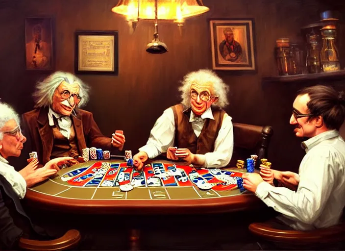 Image similar to playing poker in a saloon, Isaac Newton and Stephen Hawking and Albert Einstein, by Mandy Jurgens, trending on artstation, Richard Schmid and norman rockwell