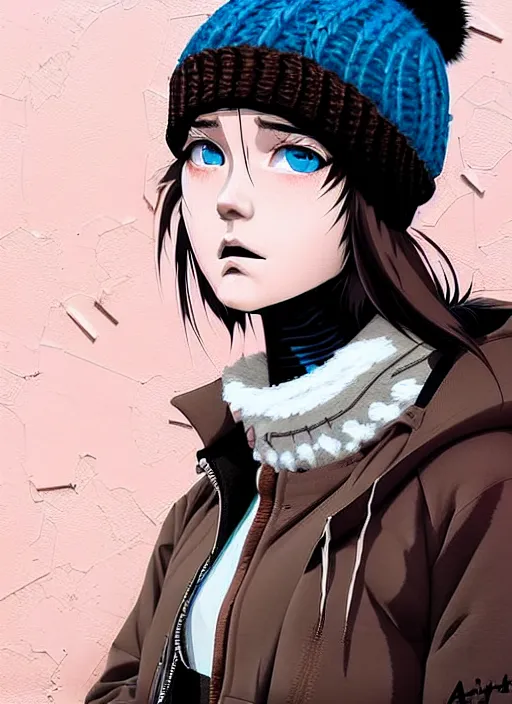 Prompt: highly detailed portrait of a street punk lady student, blue eyes, parka jacket, beanie hat, white hair by atey ghailan, by greg rutkowski, by greg tocchini, by james gilleard, by joe fenton, by kaethe butcher, gradient pink, black, brown and light blue color scheme, grunge aesthetic!!! ( ( graffiti tag wall background ) )