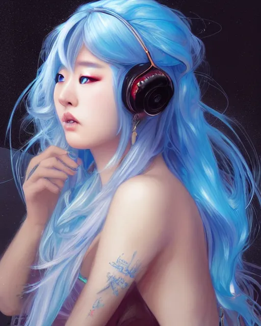 Image similar to stunningly beautiful female dj, blue hair, cute korean actress, dj sura, laser lights, sharp focus, digital painting, 8 k, concept art, art by wlop, artgerm, greg rutkowski and alphonse mucha