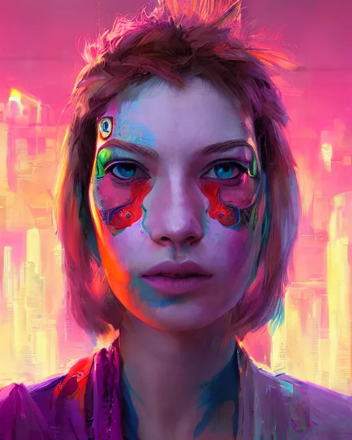 Image similar to colorful character portrait of a female hippie, set in the future 2 1 5 0 | highly detailed face | very intricate | symmetrical | cinematic lighting | award - winning | painted by mandy jurgens | pan futurism, dystopian, bold colors, cyberpunk, groovy vibe, anime aesthestic | featured on artstation