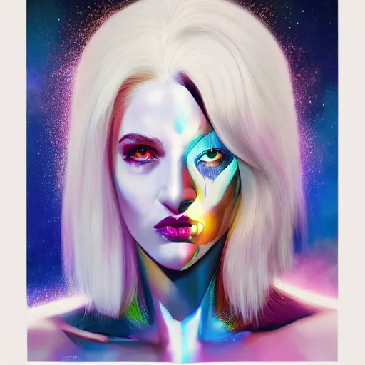 Image similar to half - monster woman, white and multicolored hair, surrounded by electricity, cosmic background, with cute - fine - face, pretty face, realistic shaded perfect face, fine details by realistic shaded lighting poster by ilya kuvshinov katsuhiro otomo, magali villeneuve, artgerm, jeremy lipkin and michael garmash and rob rey