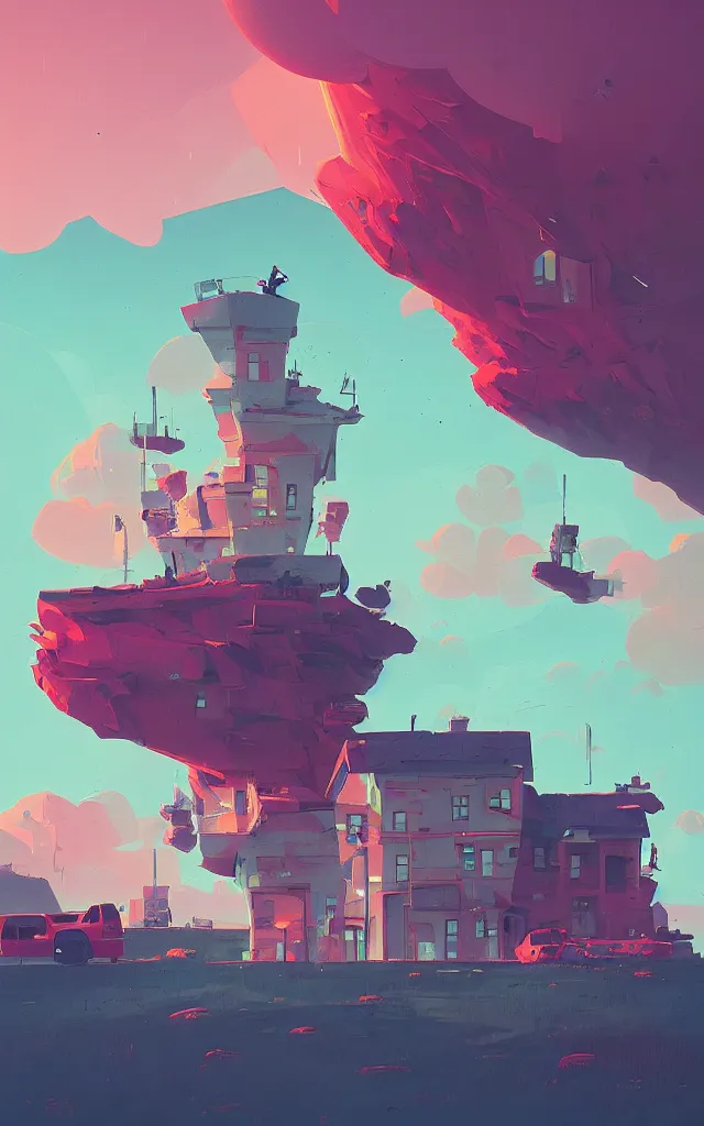 Prompt: a stunning building in a fantastic landscape against a ridiculous sky by Anton Fadeev and Simon Stålenhag