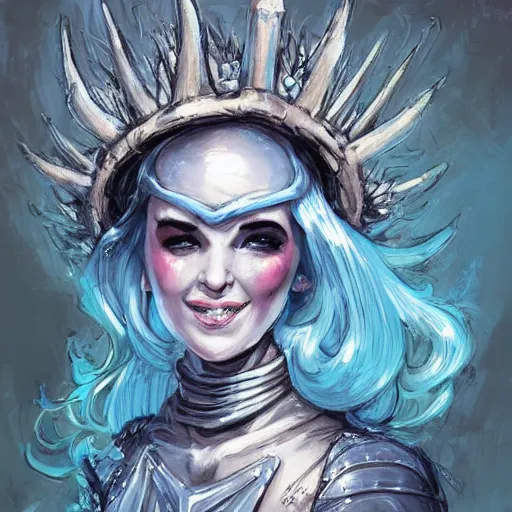 Image similar to mister freeze as an attractive young smiling woman wearing a mushroom crown and heavy armoured wedding dress, face portrait, hd shot, digital portrait, beautiful, fantasy art, artstation, comic style, by artgerm, guy denning, jakub rozalski, magali villeneuve and charlie bowater