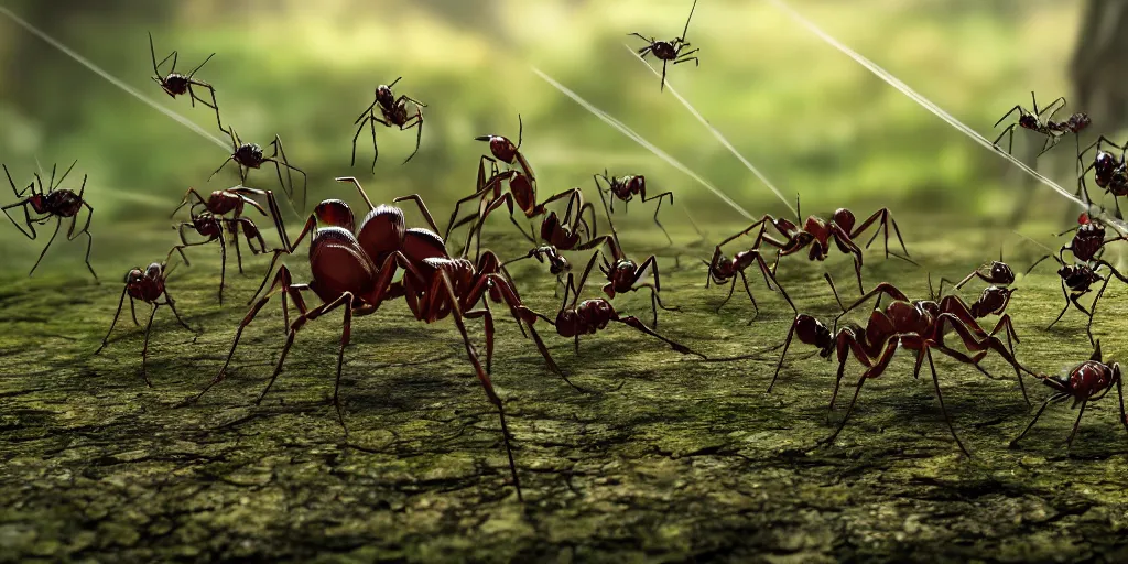 Image similar to epic battle scene Ants versus Spiders, Macro, the last stand, Epic Background, highly detailed, sharp focus, 8k, 35mm, cinematic lighting