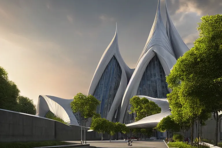 Prompt: a stunningly detailed cathedral designed by Zaha Hadid surrounded by a lush green forest, stunning volumetric lighting, sunset, metal, concrete, glass, stunning skies, trending on Artstation, 8k, photorealistic, hyper detailed, unreal engine 5, IMAX quality, cinematic, epic lighting, in the style of Greg Rutkowski