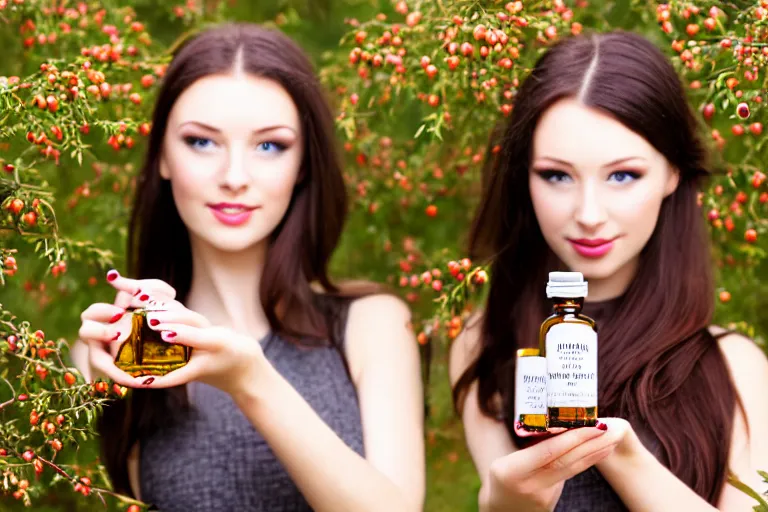 Prompt: beautiful girl holding a bottle of hawthorn tincture in her hands, professional shooting, model shooting, high quality, professional light,