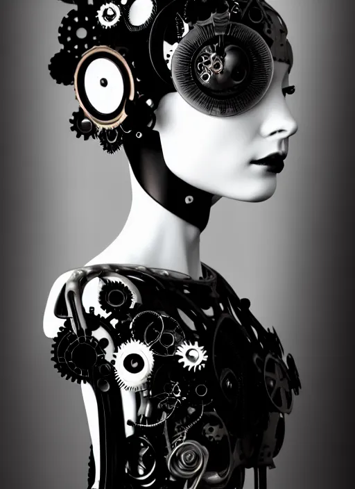 Image similar to black and white dreamy foggy profile face portrait, one steampunk eye biomechanical beautiful young female cyborg - robot, body ribs meshes, big monocular, volumetric light, hibiscus flowers, by hg giger, rim light, by dora maar and cecile beaton, big gothic fashion pearl embroidered collar, 8 k