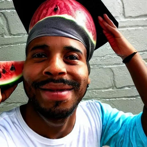 Prompt: black guy with half of a watermelon on his head, selfie photo