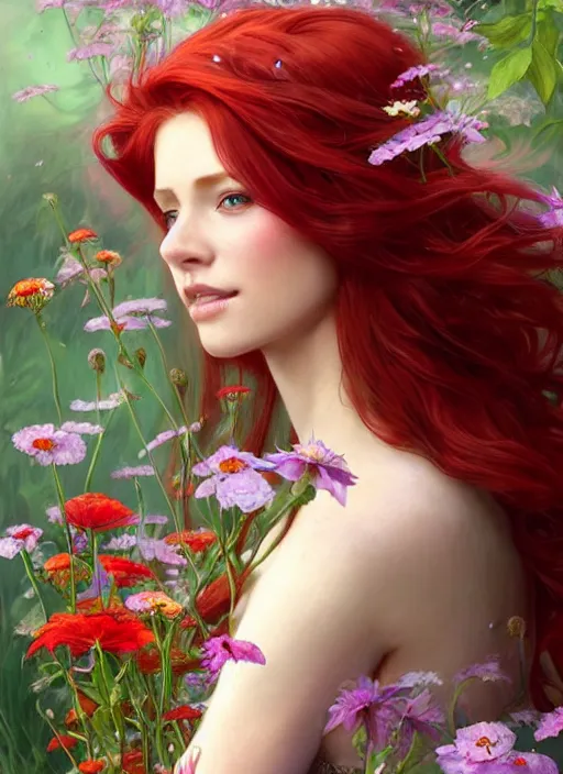 Image similar to a beautiful red haired woman as a fairy princess in a garden holding a bouquet of wild flowers, deep focus, d & d, fantasy, intricate, elegant, highly detailed, digital painting, artstation, concept art, matte, sharp focus, illustration, hearthstone, art by artgerm and greg rutkowski and alphonse mucha