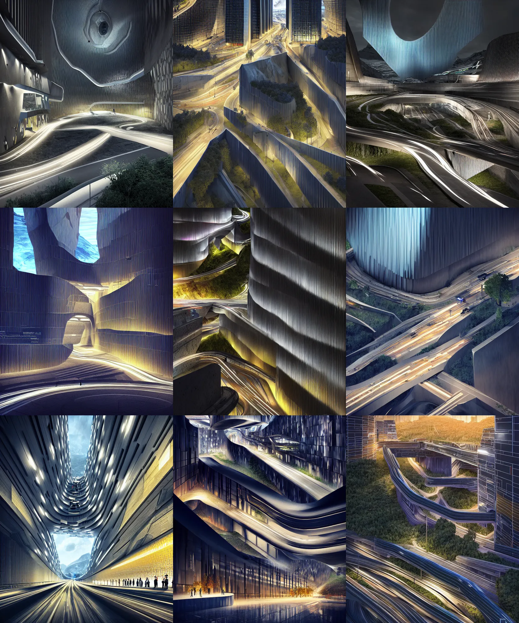 Image similar to maximalism digital art, denis villeneuve establishing shot of modern bjarke ingels condo building and gotthard tunnel entrance combined, roads tunnel under bjarke ingels condo building, lush environment, night lighting, scifi artstation digital concept art, unreal engine, hyper realism, realistic shading, blender render, octane render, wide shot