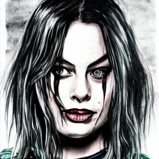 Image similar to grunge drawing of margot robbie in the style of the grudge