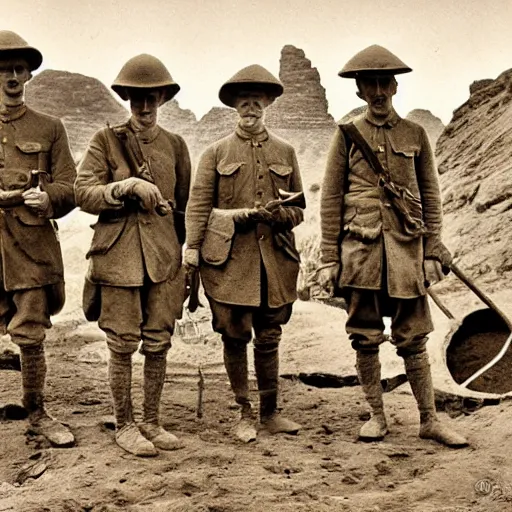 Image similar to ultra detailed photorealistic sepia - toned photo from 1 9 1 7, a small group of british soldiers standing at an archaeological dig site in wadi rum, ultra realistic, painted, intricate details, lovecraft, atmospheric, dark, horror, brooding, highly detailed, by clyde caldwell