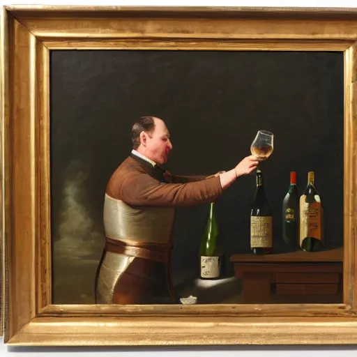 Image similar to oil painting by james gilray of a man opening a bottle of champagne with a sword.