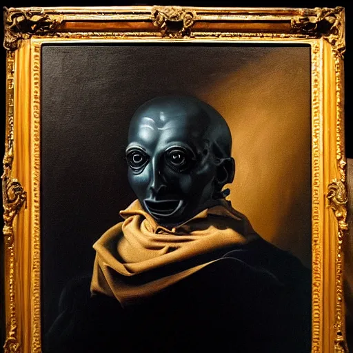 Prompt: oil painting with black background by christian rex van minnen rachel ruysch dali todd schorr of a symmetrical chiaroscuro portrait of an extremely bizarre disturbing mutated man with acne intense chiaroscuro cast shadows obscuring features dramatic lighting perfect composition masterpiece