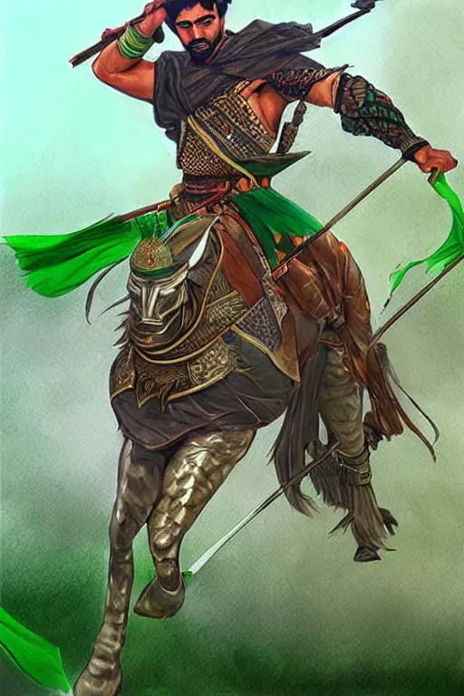 Image similar to arabian warrior, with green turf and flag, realistic, sketch and art by jacqueline e, color by bo feng lin