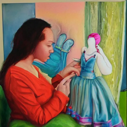 Image similar to woman with the magical ability to give life to the dolls she makes, painting