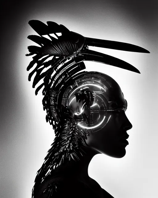 Image similar to a profile portrait, a stunning young woman - cyborg with a mutant crow head, editorial photography, bw, by roman sustov, by hr giger, shot on 7 0 mm, depth of field, f / 2. 8, high contrast, 1 6 k, volumetric lighting, shiny, insanely detailed and intricate, hypermaximalist, elegant, ornate