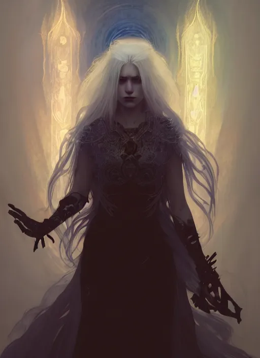 Image similar to a beautiful white haired pyromancer princess, intricate concept art, ethereal, ominous, mysterious, enchanted, magic, dramatic lighting, illuminated lines, outrun, vaporware, illuminated runes, cyberpunk darksynth, dark background, 8 k, by ruan jia and krenz cushart and alphonse mucha