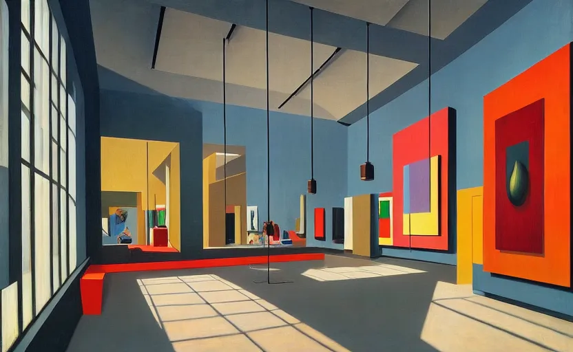 Prompt: an achingly beautiful print of the interior of a modern art museum with vibrant contemporary sculptures display, by Raphael, Hopper, and Rene Magritte. detailed, romantic, enchanting, trending on artstation.