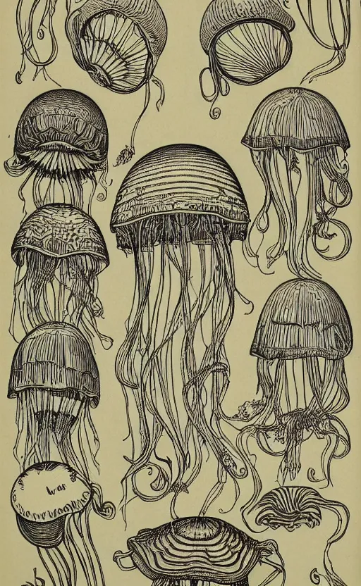 Image similar to a page of jellyfish illustrations, 1 9 0 0 s, symmetry, highly detailded