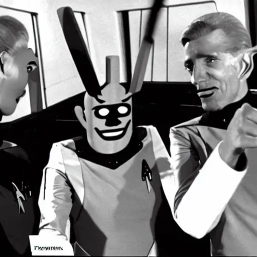 Image similar to anthropomorphic French Fries fighting star trek engineers, still from star trek