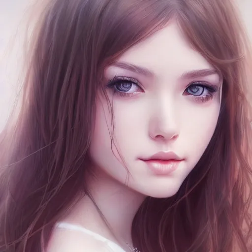 Image similar to a beautiful detailed portrait of young woman, by artgerm, little shy, beautiful eyes, long hair, high details