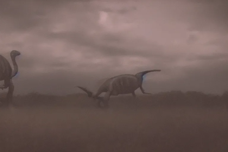 Prompt: Realistic photograph of a tired dinosaur standing in the distance in the style of Dark Naturalism, Jungle Grunge, twilight, glows, detailed, studio quality, hd image,