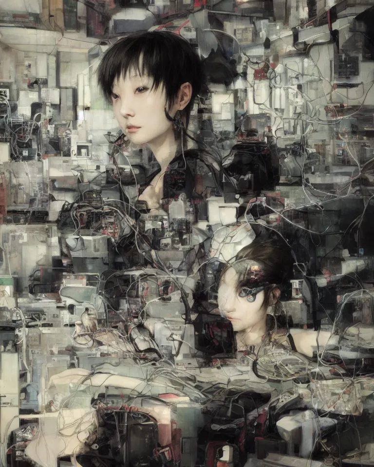 Prompt: portrait of lain iwakura, background room full of cables and computers by yoshitoshi abe, ruan jia and joao ruas. atmospheric