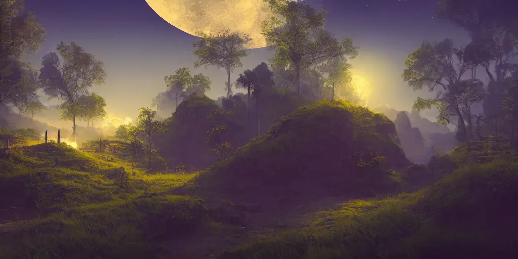 Image similar to dreamy moonlit landscape of a kerala village, realistic detailed digital art by Maxwell Boas Jessica Rossier Christian Dimitrov Anton Fadeev trending on Artstation CGSociety rendered in Unreal Engine 4k HQ