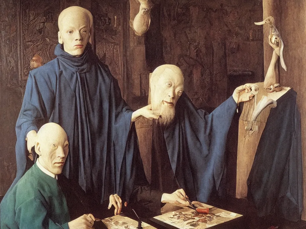 Prompt: Portrait of albino mystic with blue eyes, painting his self-portrait. Painting by Jan van Eyck, Audubon, Rene Magritte, Agnes Pelton, Max Ernst, Walton Ford