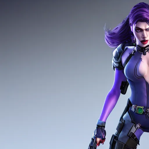 Image similar to scarlet johanson as widowmaker from overwatch, ultra realistic, 4 k, coherent, detailed face, unreal engine, costumed