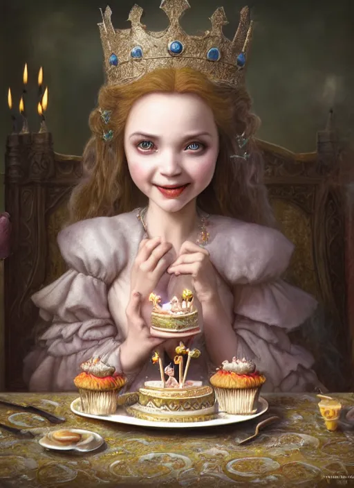 Image similar to highly detailed closeup portrait of a grinning fairytale medieval princess eating birthday cake, unreal engine, nicoletta ceccoli, mark ryden, lostfish, earl norem, global illumination, god rays, detailed and intricate environment
