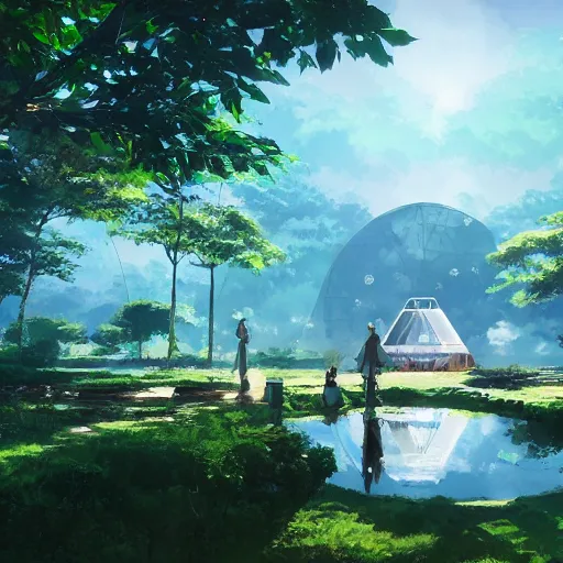 Image similar to geodesic dome in front of a lake with gardens and waterfall, gapmoe kuudere moody lighting stunning bokeh highlights sharp contrast | trending pixiv fanbox | by greg rutkowski makoto shinkai takashi takeuchi studio ghibli