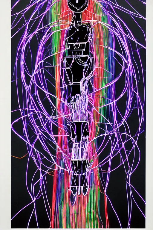 Prompt: dark realism a beautiful robot fighter pilot is suspended by luminous intricate organic and colorful electric cables and wires and fiber to the jet