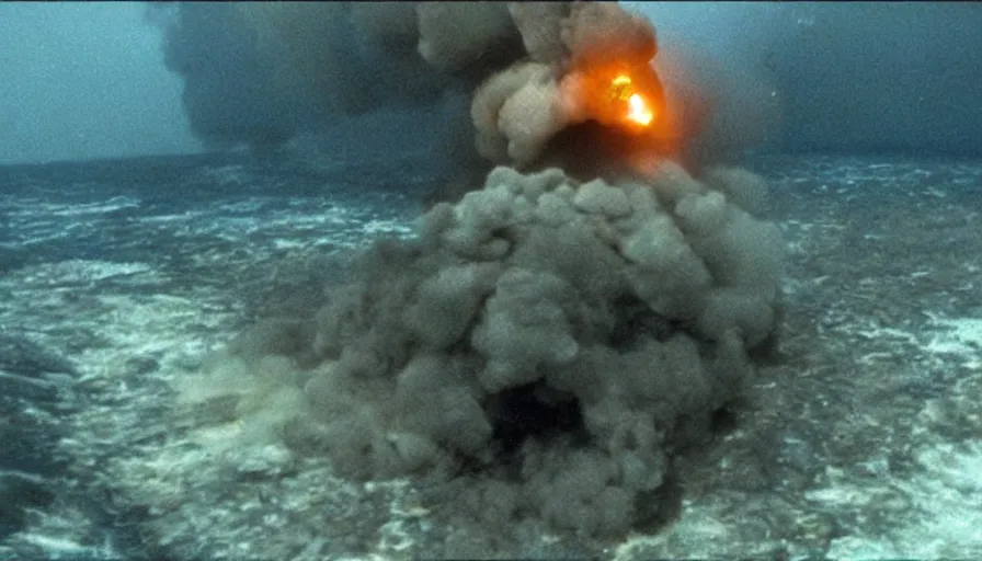 Image similar to Big budget horror movie, at the bottom of the ocean, a submarine explodes