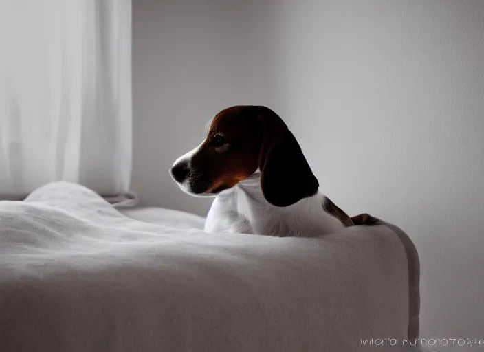 Image similar to photography of a Jack Russel . watching outside the window. on a bed. in a white room.,volumetric light, photorealistic,, award winning photo, 100mm, sharp, cloth, high res